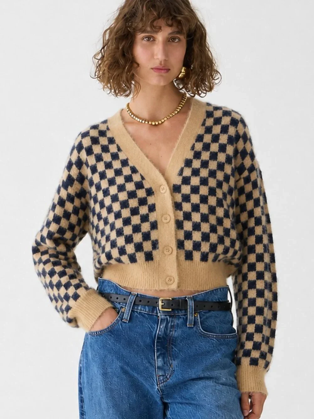 NWT J. Crew Checkered V-neck Cardigan Sweater Brushed‎ Yarn in Sandy Beach Navy